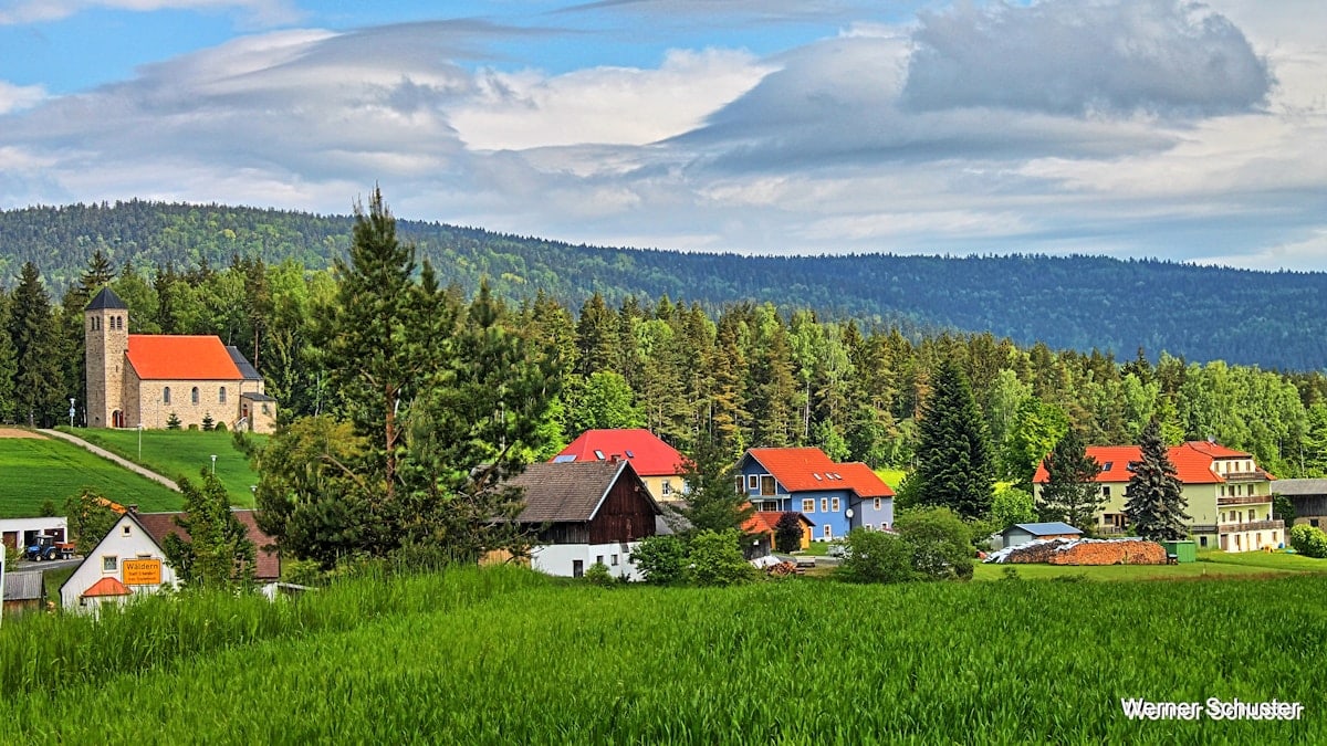 Kirche, Wald, Dorf, Natur, Wolken, Steinwald, Landschaft